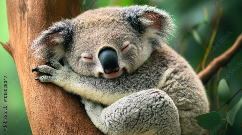 Naklejka premium A cozy koala sleeping on a tree branch amidst lush greenery.