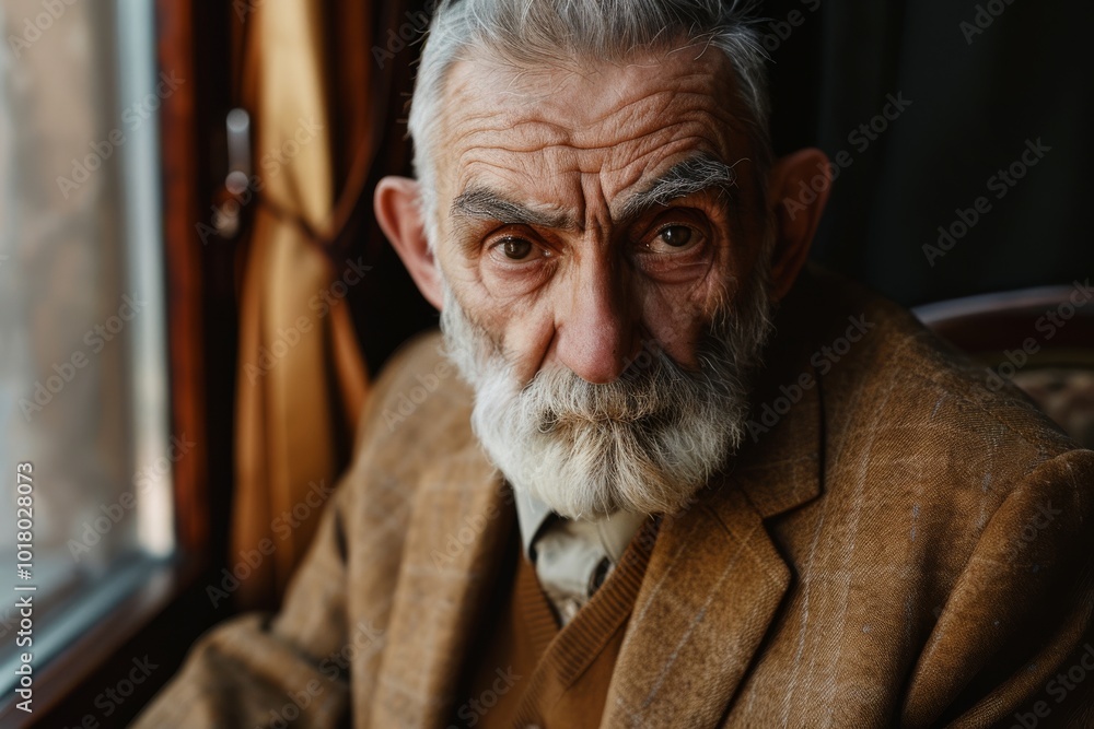 An elderly man with a thick mustache, peering out from a window, captures a moment full of nostalgia and warmth, wrapped in a vintage ambiance. An elderly man with a thick mustache, peering out from a window, captures a moment full of nostalgia and warmth, wrapped in a vintage ambiance.