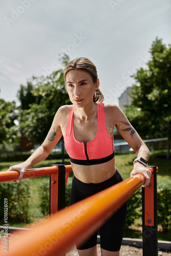 A young woman with vitiligo, wearing a pink crop top, works out on parallel bars in a sunny park.