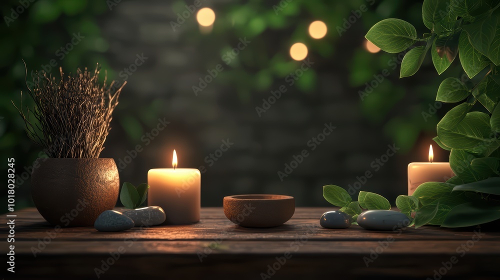 Tranquil spa setting with candles and natural elements Tranquil spa setting with candles and natural elements