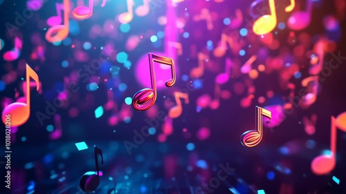 Shiny musical notes float against a vibrant background with a purple, pink, and blue hue