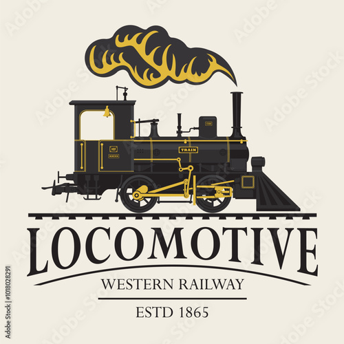 vector retro logo or emblem with a drawing silhouette of an old railway steam locomotive in cartoon style with the inscription western railway