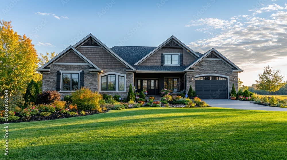 A large, modern house with a stone facade and a manicured lawn, set against a clear blue sky with a hint of clouds. A large, modern house with a stone facade and a manicured lawn, set against a clear blue sky with a hint of clouds.