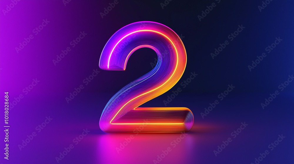 A vibrant neon number two illuminated against a dark background, showcasing colorful light patterns for visual interest A vibrant neon number two illuminated against a dark background, showcasing colorful light patterns for visual interest