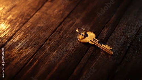 Close-up of a vintage gold key on a wooden surface photo