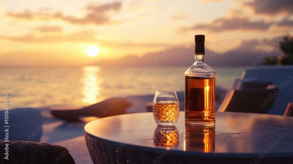 Whisky bottle and glass resting on a table by the ocean at sunset, capturing the tranquility and luxury of a seaside evening. Whisky bottle and glass resting on a table by the ocean at sunset, capturing the tranquility and luxury of a seaside evening.