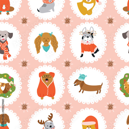 Pink Christmas dogs seamless pattern. Cute puppies portrait framed on the white spots. Winter holiday background with pets funny wallpaper, New Year print, wrap paper, textile. Vector hand drawn dogs.