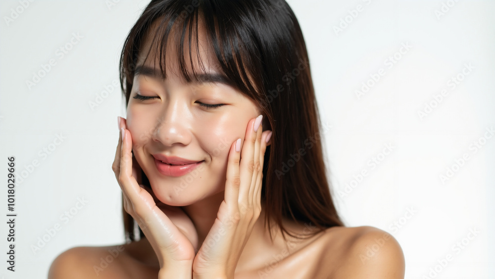 Serene Young Woman Touching Face: Natural Beauty for Skincare Advertising or Wellness Campaign Serene Young Woman Touching Face: Natural Beauty for Skincare Advertising or Wellness Campaign
