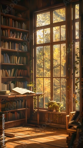 Cozy library corner bathed in warm sunlight with autumn views and open book resting on the table