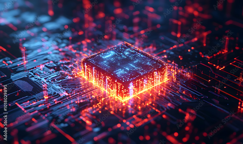 Futuristic AI Chip with Neon Circuits and Dynamic Data Streams in High-Tech Digital Environment Futuristic AI Chip with Neon Circuits and Dynamic Data Streams in High-Tech Digital Environment