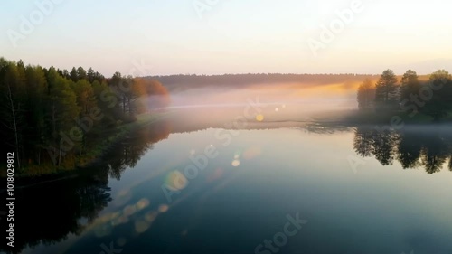 Wallpaper Mural Tranquil lake with fog, trees, and a peaceful sunset sky. Torontodigital.ca