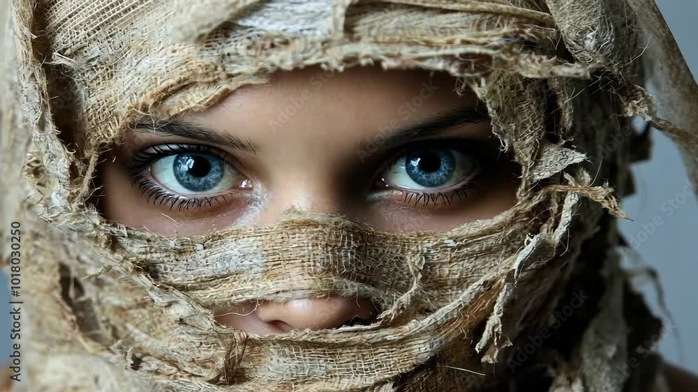 Mysterious gaze of blue-eyed woman wrapped in burlap Mysterious gaze of blue-eyed woman wrapped in burlap