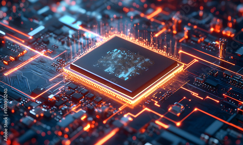 Futuristic AI Chip with Neon Circuits and Dynamic Data Streams in High-Tech Digital Environment