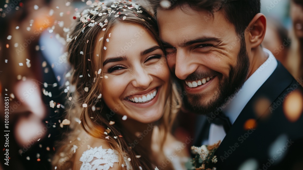 Young, happy bride and groom smiling while being showered with confetti at their wedding ceremony. Young, happy bride and groom smiling while being showered with confetti at their wedding ceremony.