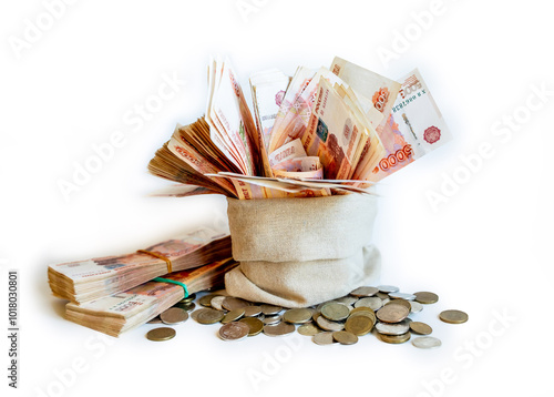 a lot of money, bundles and bills of Russian rubles, five thousandth bills in a bag, money in a bag
