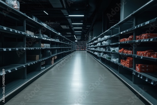 Empty Store Shelves: A dramatic shot of nearly empty store shelves after a Black Friday rush. The image emphasizes the high demand and successful sales, with only a few scattered items remaining.