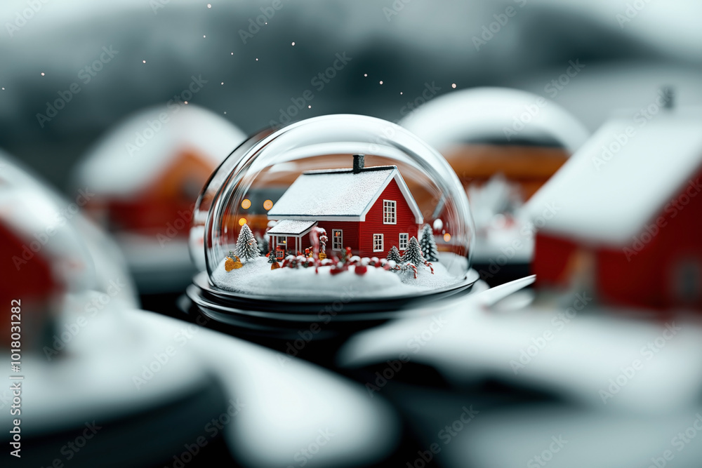 Obraz premium Snow globe with a red house, snow-covered roof, Christmas decorations, trees, and candy canes, surrounded by bokeh and out-of-focus snow globes in the background.