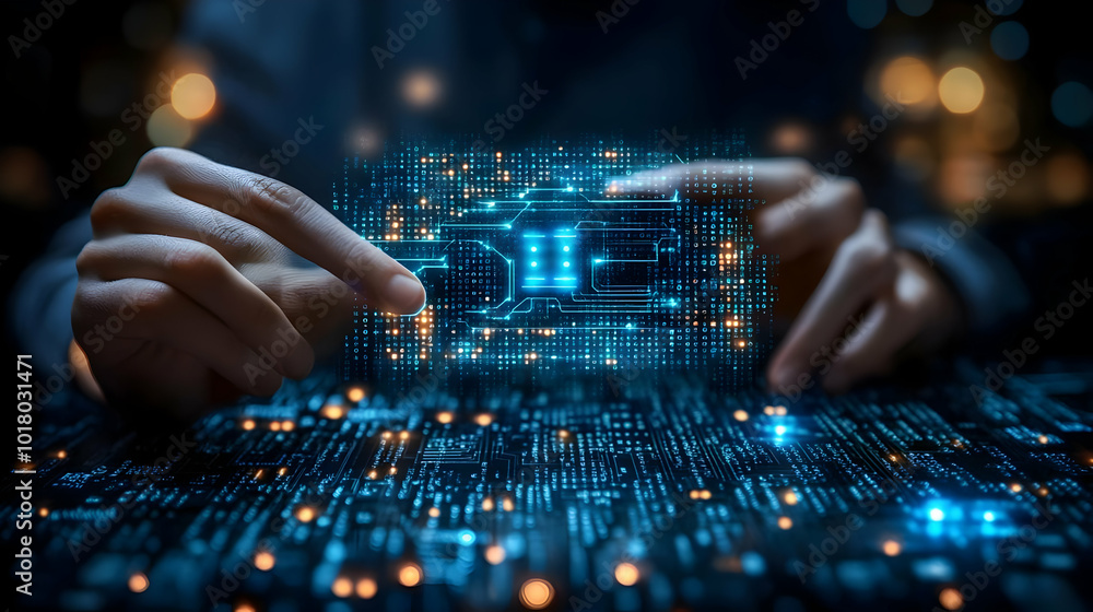 Hands interacting with a digital interface of data and technology. Hands interacting with a digital interface of data and technology.