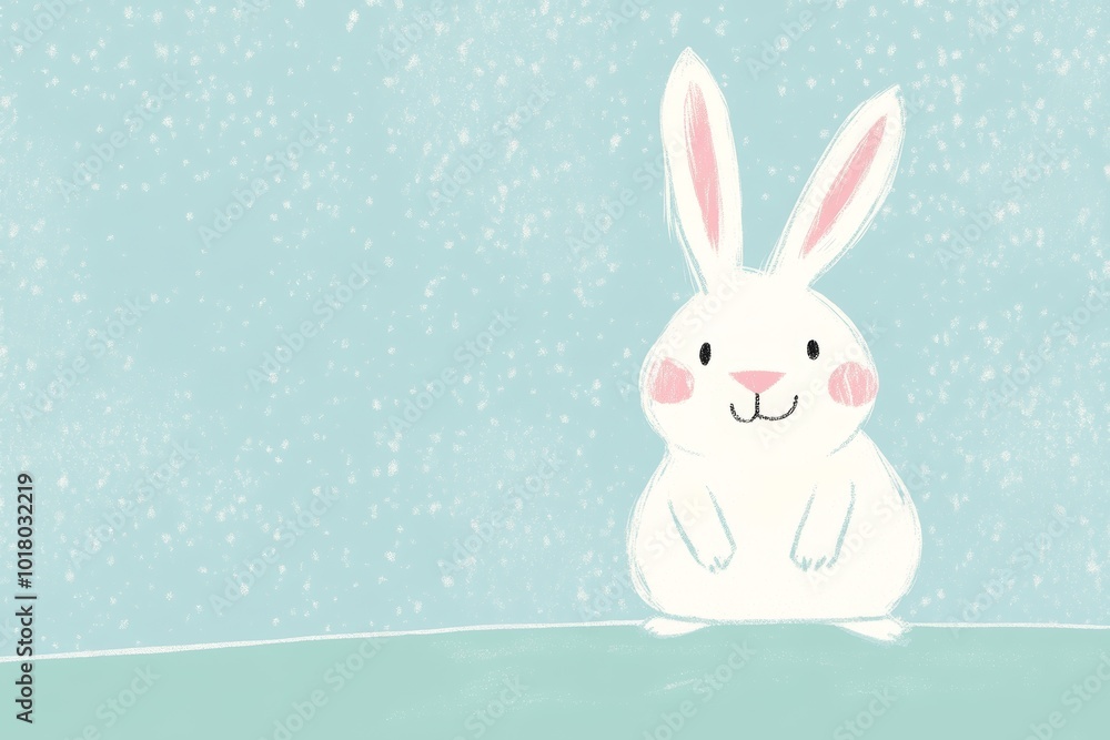 Cute white bunny sitting on a soft blue background with gentle texture, evoking a whimsical and playful atmosphere Cute white bunny sitting on a soft blue background with gentle texture, evoking a whimsical and playful atmosphere