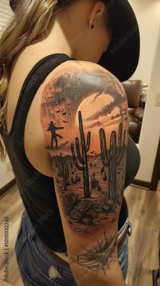Obraz premium A desert-themed tattoo on a woman's arm showcases a saguaro cactus, mountains, and a lone figure, evoking a Wild West narrative with a color palette reflecting the desert's beauty.