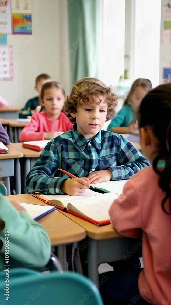 A diverse group of children are sitting in a classroom. A diverse group of children are sitting in a classroom.