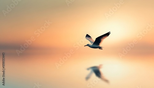 Seagull Flying Over Water at Sunset