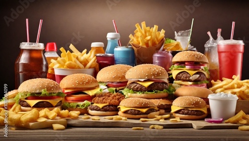 Fast food delivery menu background with various burgers, cheeseburger, nuggets, french fries, fizzy soda drinks. Junk unhealthy fast food, Ultra processed food with low nutrition, high calories value
 photo