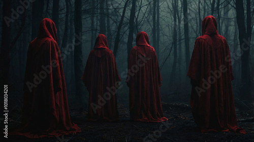 Dark, eerie illustration of faceless figures in red robes, with shadowed, empty faces, creating a mysterious and unsettling atmosphere using dark red and black tones.