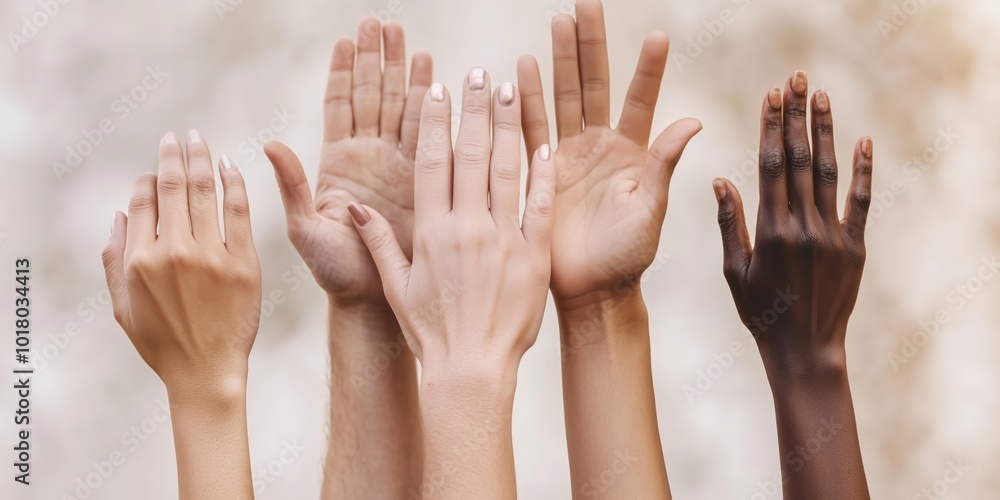 Different hands with different skin tones reaching for the same goal. A banner symbolizing global diversity and human connection Different hands with different skin tones reaching for the same goal. A banner symbolizing global diversity and human connection