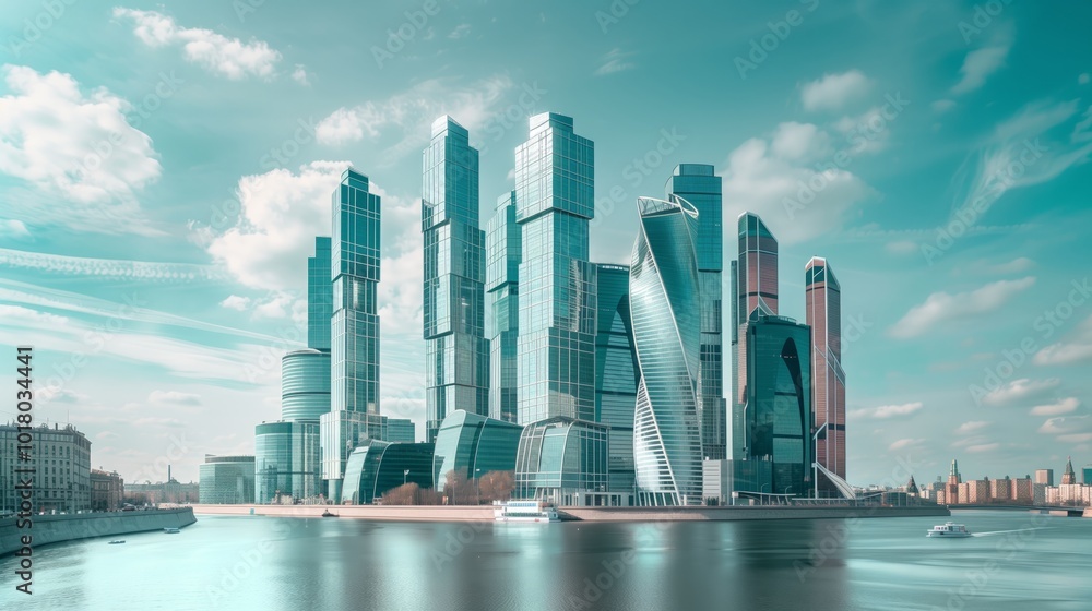 Naklejka premium Modern City Skyline with Skyscrapers under a Cloudy Sky