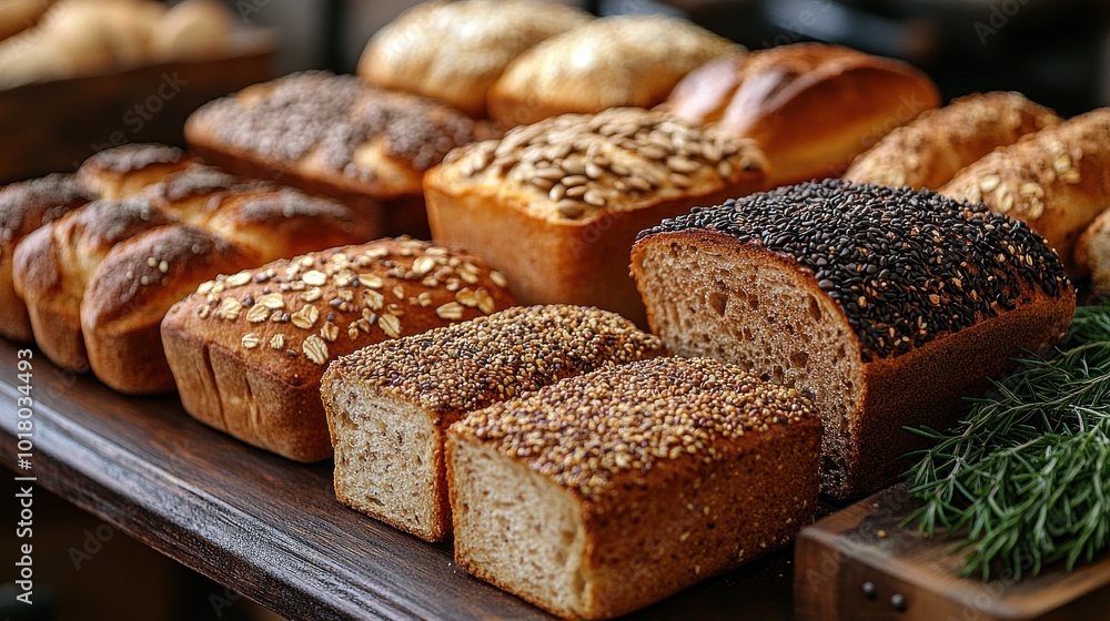 A variety of freshly baked bread loaves on a wooden table. A variety of freshly baked bread loaves on a wooden table.
