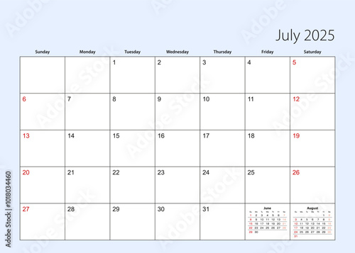 Wall calendar planner for July 2025. English language, week starts from Sunday.