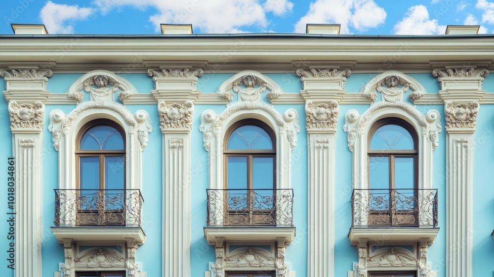 Fototapeta premium Baroque-style European building with beautiful windows, no people. Copy space available in the sky.