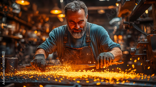 Blacksmiths Forging Tools in a Busy Workshop with Traditional Methods