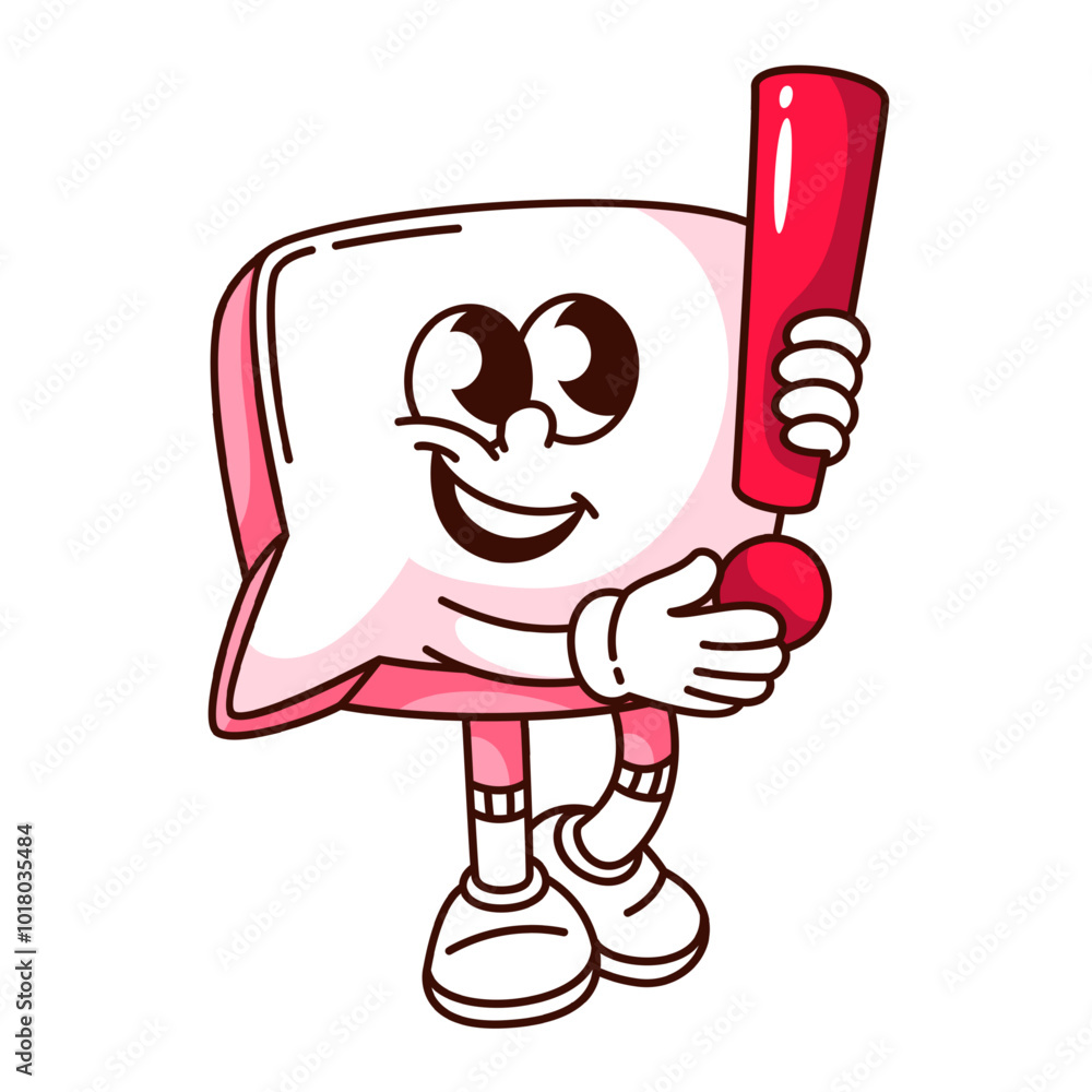 Groovy speech bubble cartoon character holding exclamation mark. Funny retro chat message balloon with exclamation point. Surprise, quiz mascot, cartoon sticker of 70s 80s style vector illustration Groovy speech bubble cartoon character holding exclamation mark. Funny retro chat message balloon with exclamation point. Surprise, quiz mascot, cartoon sticker of 70s 80s style vector illustration