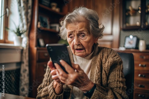 Fraud and deception. A shocked, worried elderly woman looking at her smartphone with unpleasant surprise, experiencing stress, financial problems, money theft. photo