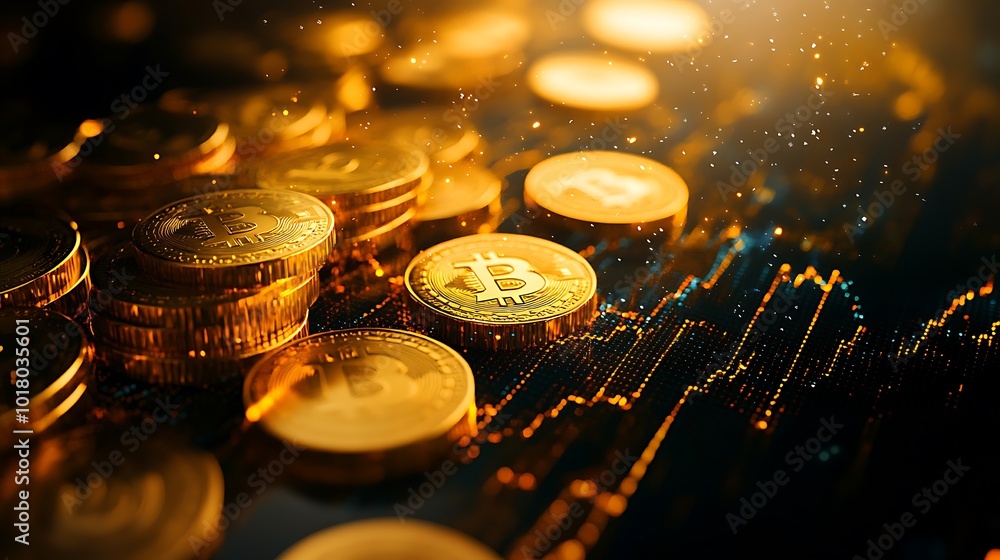 Bitcoin coins layered with a digital market chart showing cryptocurrency movement Bitcoin coins layered with a digital market chart showing cryptocurrency movement