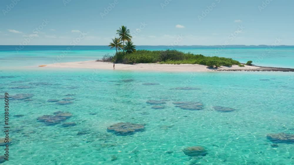 Aerial drone view of a small desert island with palm trees surrounded by crystal clear turquoise water. The perfect image for a tropical vacation getaway