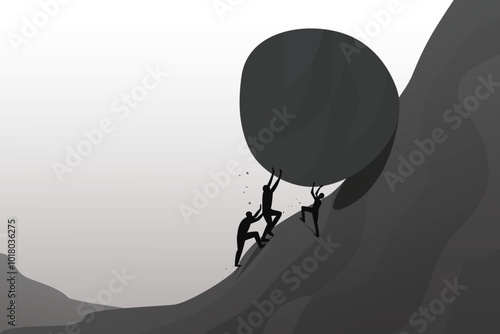 teamwork business concept. silhouette strong man - men helping pushing big rock up hill. life journey, risk destination. dark grey vector illustration
