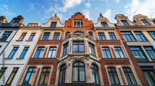 Beautiful European townhouse with ornate design, no people. Open copy space above the roofline.