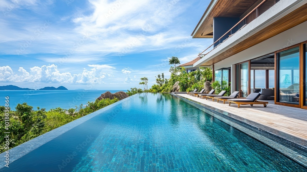 Fototapeta premium Beautiful seaside villa with an infinity pool and ocean horizon, no people. Open space for copy on the patio.