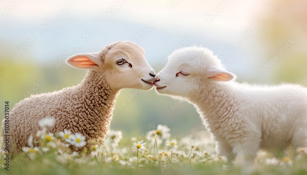 Obraz premium Two Lambs Nuzzling in a Field of Daisies