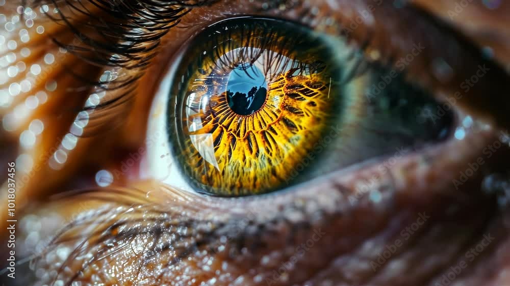 A close-up of a human eye with a golden iris, showcasing the intricate details of the pupil and surrounding structures A close-up of a human eye with a golden iris, showcasing the intricate details of the pupil and surrounding structures
