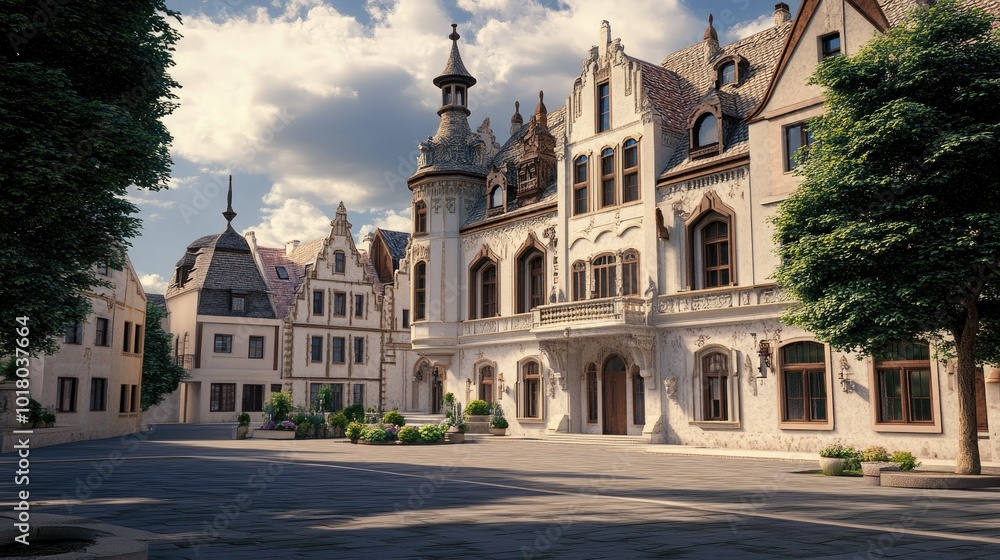 Obraz premium Charming European town hall with traditional architecture, no people. Ample room for copy on the fa