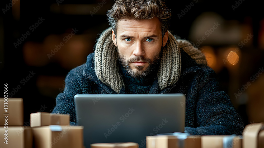 Man working on a laptop surrounded by boxes in a cozy setting. Man working on a laptop surrounded by boxes in a cozy setting.