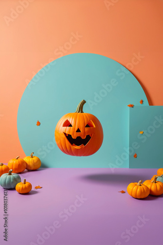 zucca sorride su sfondo neutro colorato. halloween auguri. verticale