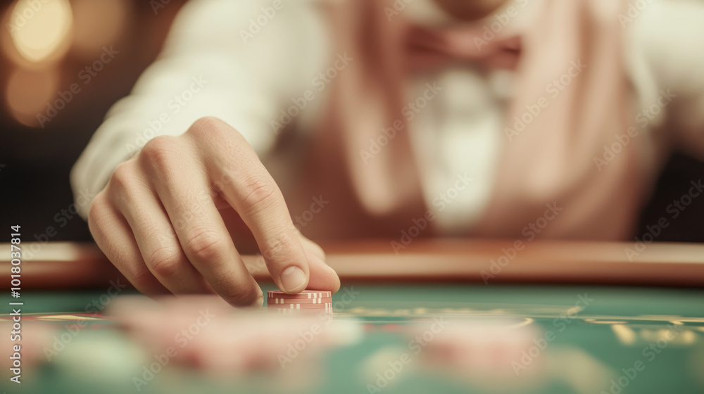 A focused hand placing poker chip on casino table, showcasing excitement of gambling. atmosphere is tense and thrilling, perfect for capturing essence of high stakes game A focused hand placing poker chip on casino table, showcasing excitement of gambling. atmosphere is tense and thrilling, perfect for capturing essence of high stakes game