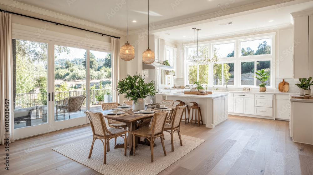 A bright and airy kitchen featuring modern design elements, large windows, and cozy dining area. space is adorned with natural light, plants, and elegant decor, creating welcoming atmosphere A bright and airy kitchen featuring modern design elements, large windows, and cozy dining area. space is adorned with natural light, plants, and elegant decor, creating welcoming atmosphere