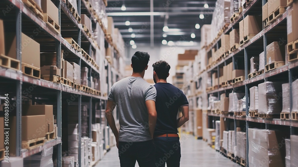Two People in Warehouse Aisle Looking Ahead Two People in Warehouse Aisle Looking Ahead
