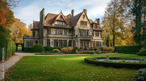 Classic European manor house, no people. Plenty of copy space on the surrounding landscape.